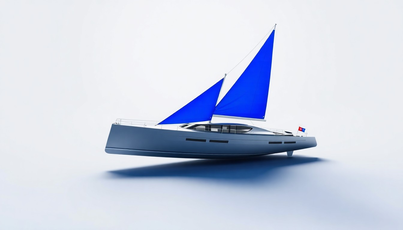 A minimalist, photorealistic studio still life featuring a sleek, silver-hulled model yacht with a bold blue sail, floating elegantly on a clean, monochromatic background, conceptually representing the precision, power, and elegance of the Explora Journeys and Swiss SailGP partnership.