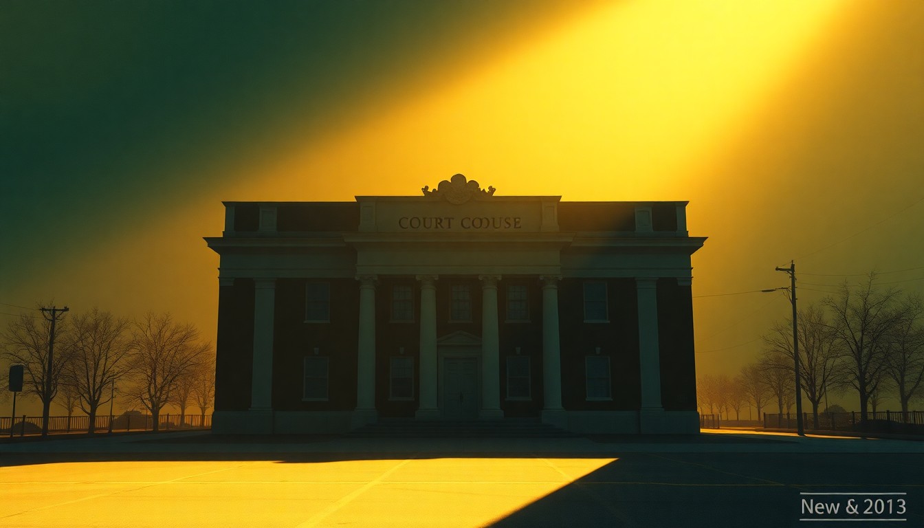 A serene, photorealistic painting of a government building or courthouse, its facade bathed in warm, golden light and deep shadows, conveying a sense of quiet contemplation around the complex issues of mental health and criminal justice reform.