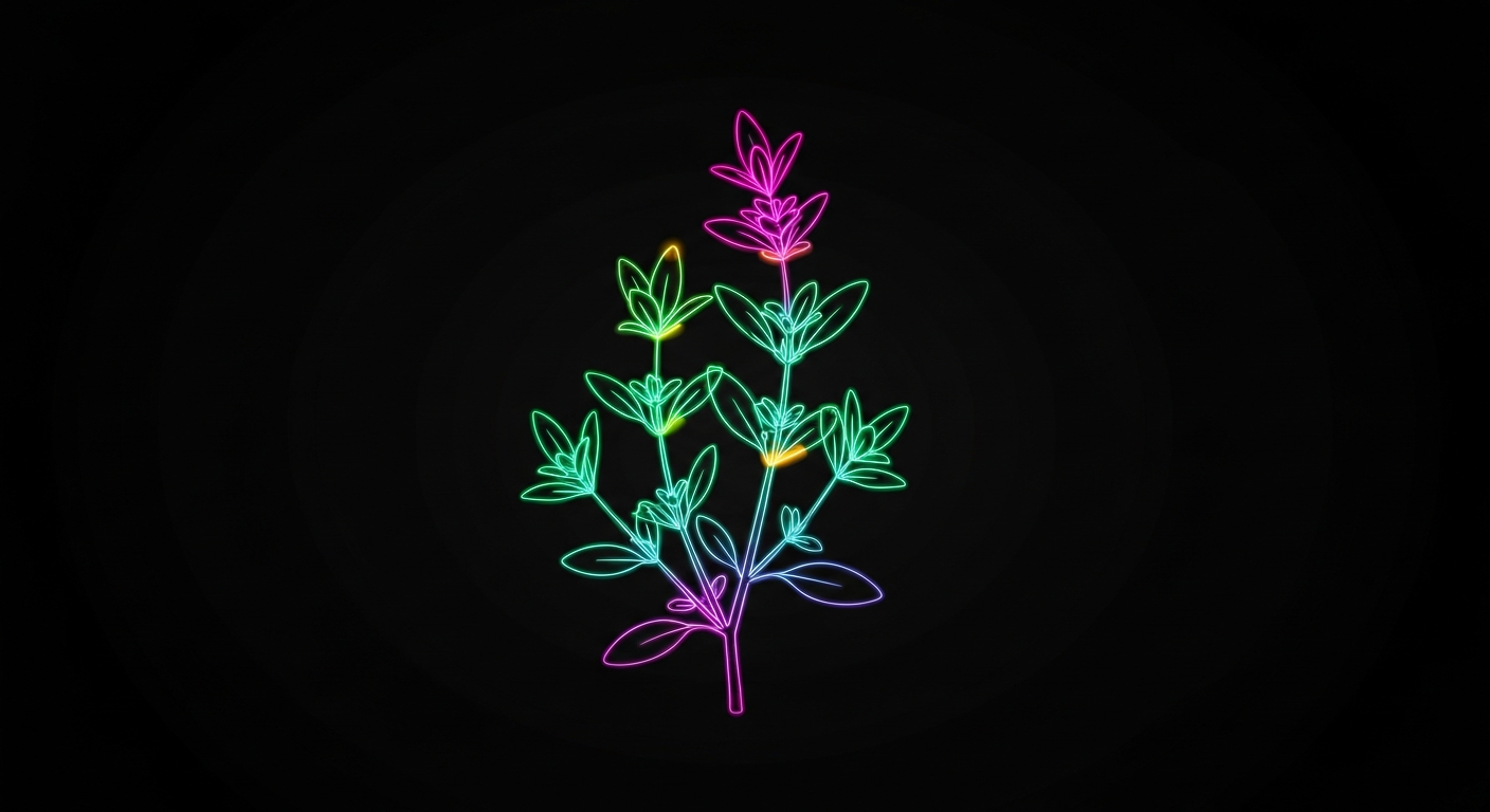 A minimalist neon outline illustration depicting the stages of an organic herb plant's growth, with glowing lines and shapes in a variety of bright, energetic colors against a dark background, conceptually representing Gaia Herbs' commitment to sustainable agriculture.