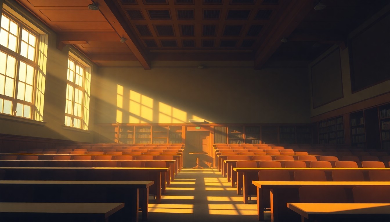 A dimly lit, cinematic interior space with wooden desks, bookshelves, and a lone figure seated at a table, the scene bathed in warm, golden light streaming through a window, conceptually representing the academic environment at risk in the legal dispute over university funding.