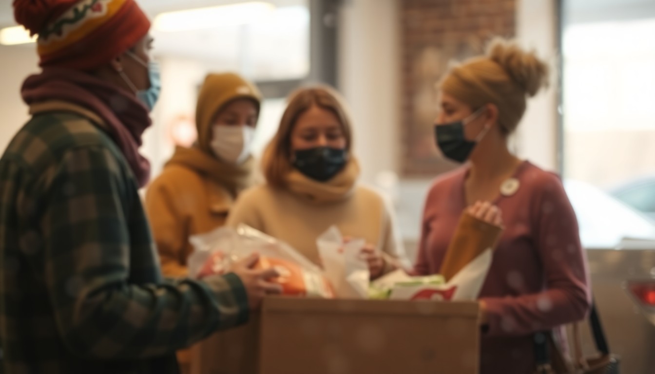 An abstract, out-of-focus scene depicting the warm, compassionate atmosphere of volunteers distributing groceries to veterans in need, with muted tones of amber, olive, and dusty rose.