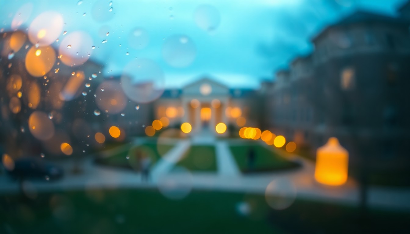 An abstract, impressionistic scene of blurred, colorful lights and shapes, evoking the atmosphere of a college campus.