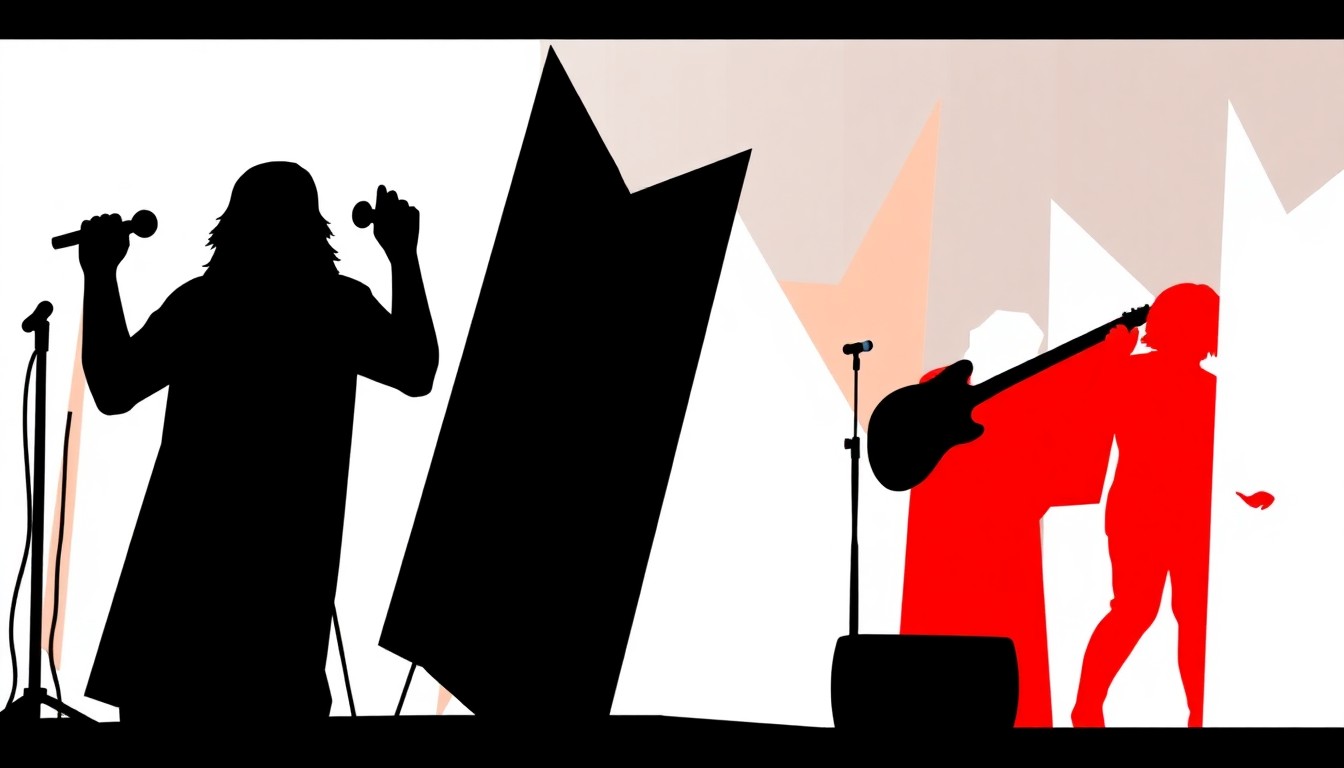 An abstract, minimalist illustration featuring bold, jagged shapes in red, white, and black, conceptually representing the energy and excitement of a local music and arts festival.