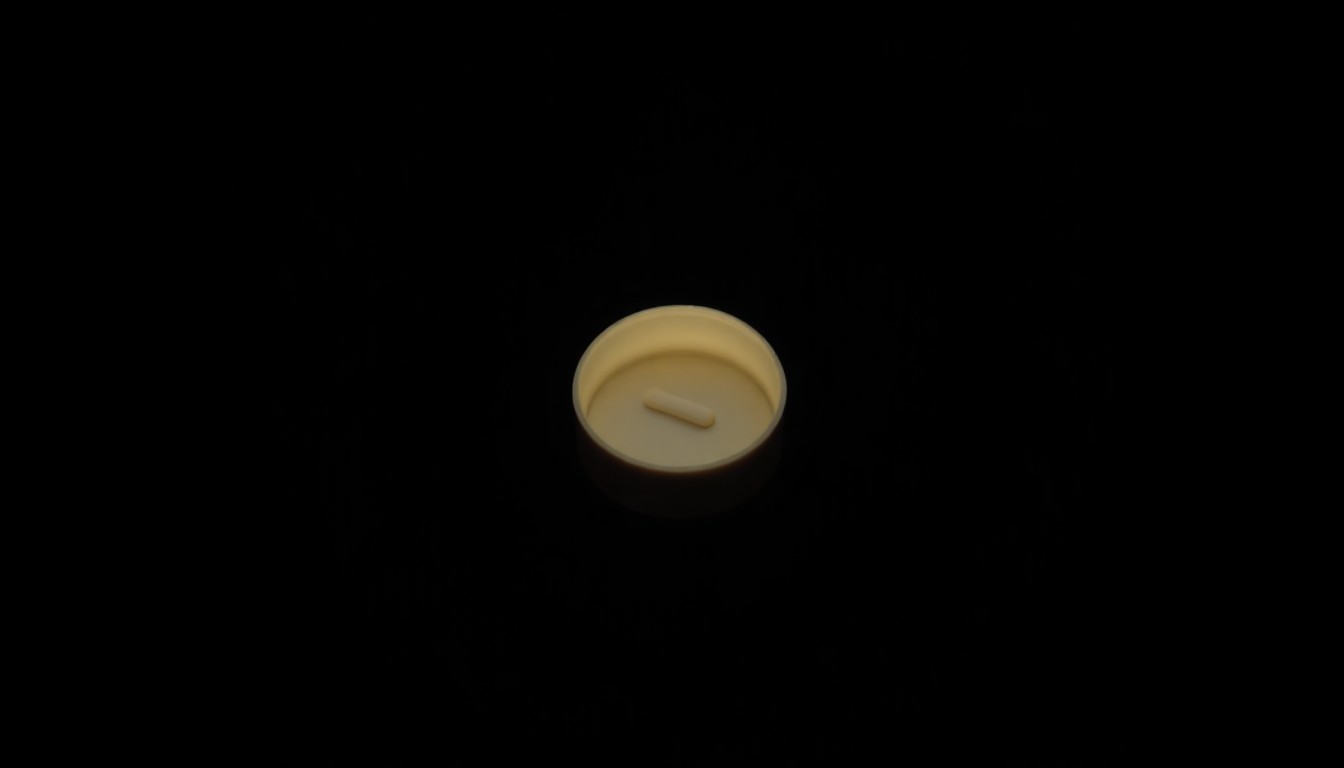An extreme close-up photograph of a single pill bottle cap against a pitch-black background, the dramatic lighting and stark contrast creating a gritty, investigative aesthetic to conceptually represent the dangerous opioid crisis.