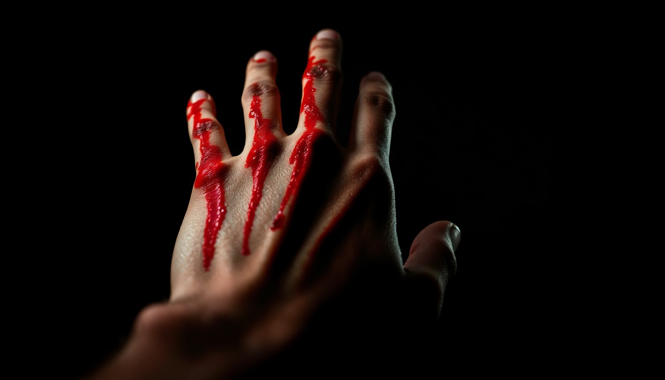 An extreme close-up of a bloodied hand with visible scratches, conceptually illustrating the violence alleged in this case without depicting any actual victims or perpetrators.