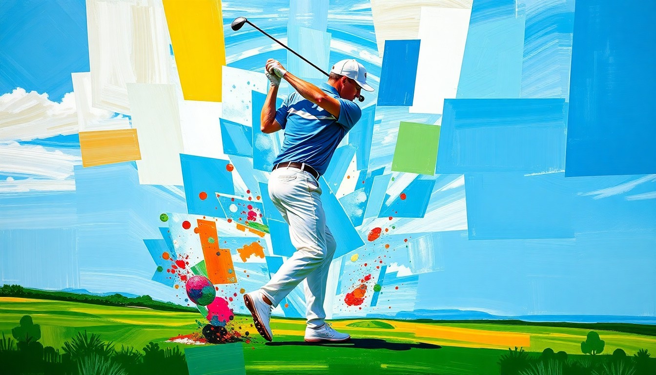 A cubist-style painting depicting a golfer's swing and club strike broken down into sharp, overlapping geometric planes of color, conveying the raw energy and emotion of the controversial incident.