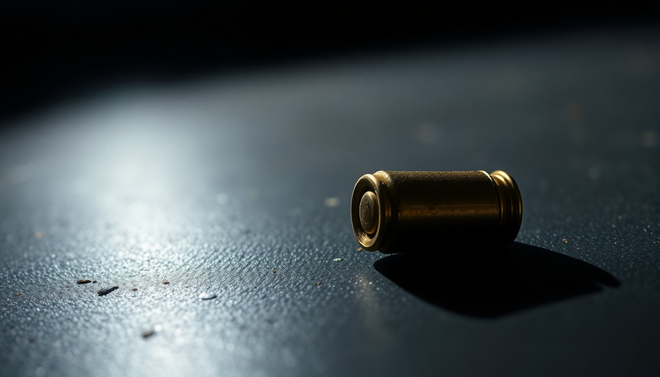 An extreme close-up photograph of a single spent bullet casing on a dark surface, lit by a harsh, direct camera flash, conceptually illustrating the dangers of unsecured firearms.