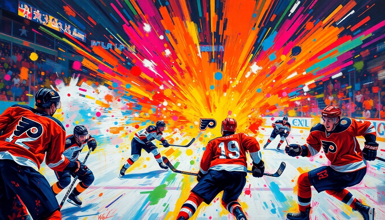 An abstract, expressionist painting in vibrant neon colors, with rapid brushstrokes capturing the frenetic energy and excitement of a Philadelphia Flyers playoff hockey game.