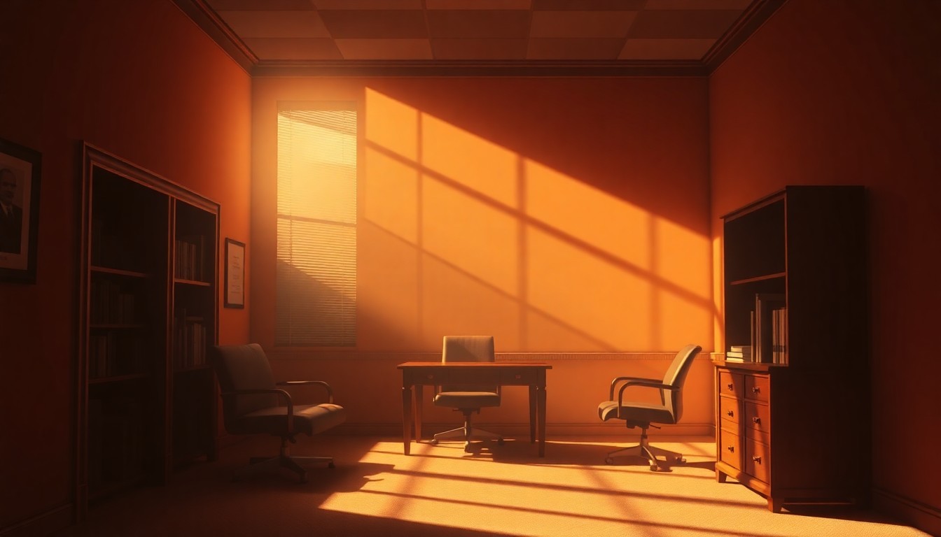 A dimly lit, cinematic interior of an old-fashioned law office, with a single chair and desk illuminated by warm, diagonal sunlight, conveying a sense of quiet contemplation and the lasting impact of a pioneering civil rights attorney.