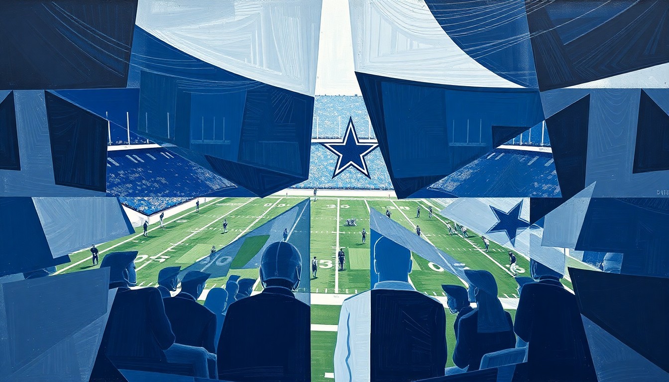 A cubist, fractured painting depicting a Dallas Cowboys football game or practice, with sharp geometric planes in navy blue, silver, and white representing the players, field, and equipment in an abstract, deconstructed style.