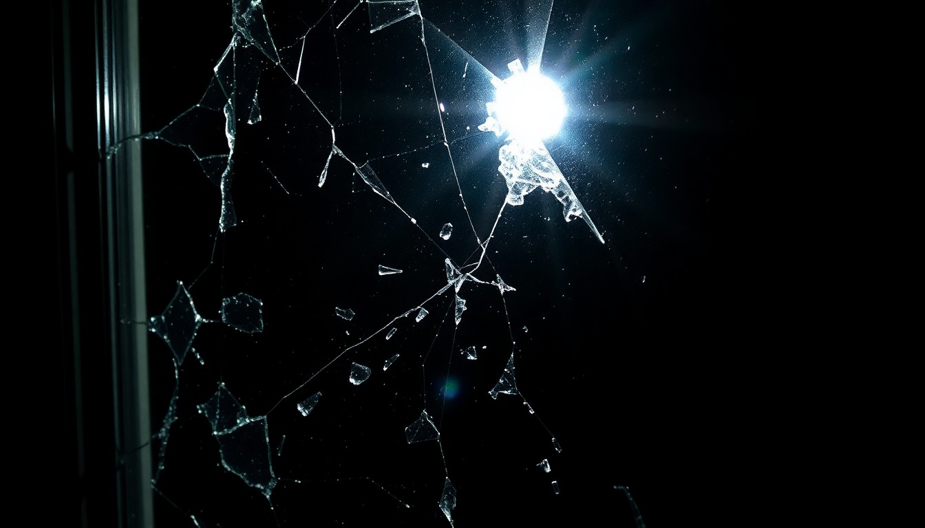 An extreme close-up of a shattered window screen, broken glass, and a severed telephone cord, captured in stark, dramatic lighting that conveys the intensity of the crime.