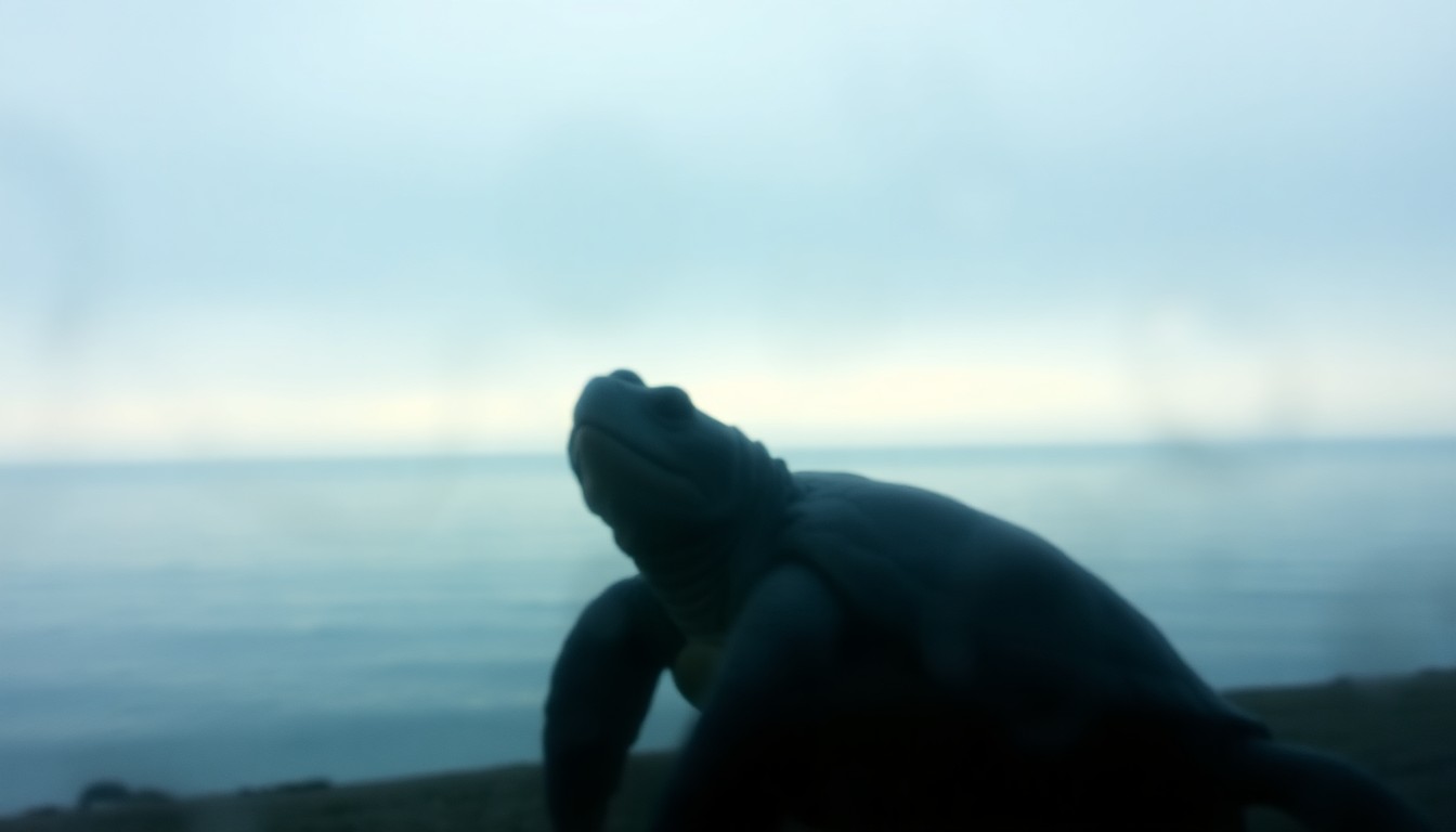 An impressionistic, out-of-focus photograph showing the shadowy outline of a large snapping turtle emerging from a blurred, hazy background of blues and greens, conceptually representing the rescue of the vulnerable reptile from the Lake Michigan shoreline.
