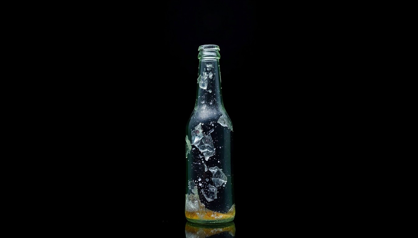 An extreme close-up photograph of a shattered glass beer bottle, the jagged edges and textured surface dramatically illuminated by a harsh, direct camera flash against a pitch-black background, conceptually representing the violence and danger of the reported incident.