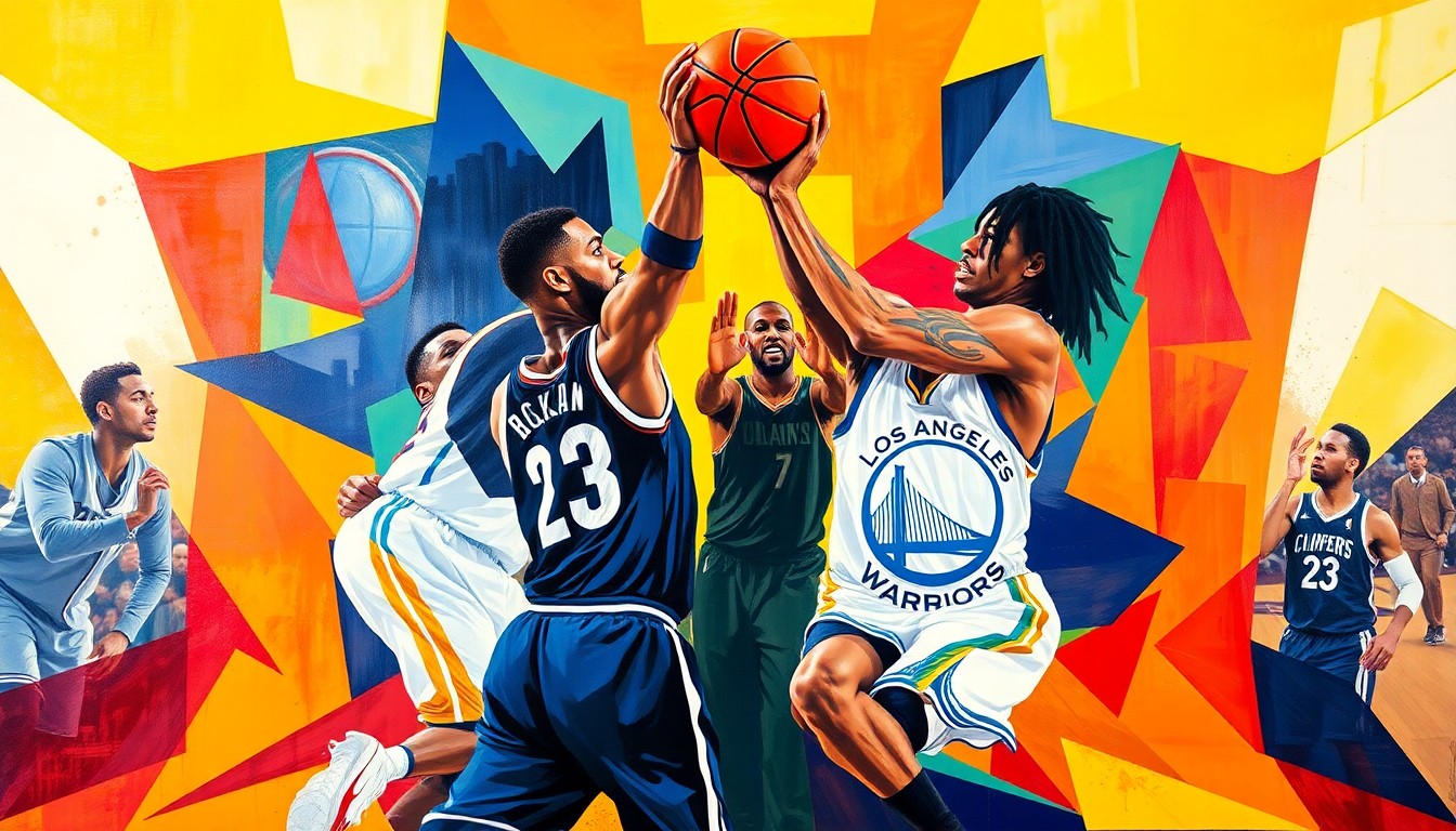 A fractured, multi-perspective painting in bold, geometric shapes and colors, representing the intensity of a high-stakes basketball game between two NBA teams.