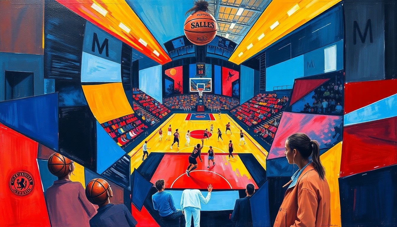 A cubist, geometric painting in shades of blue, red, and yellow, depicting the overlapping, fragmented movements and perspectives of a women's basketball game.