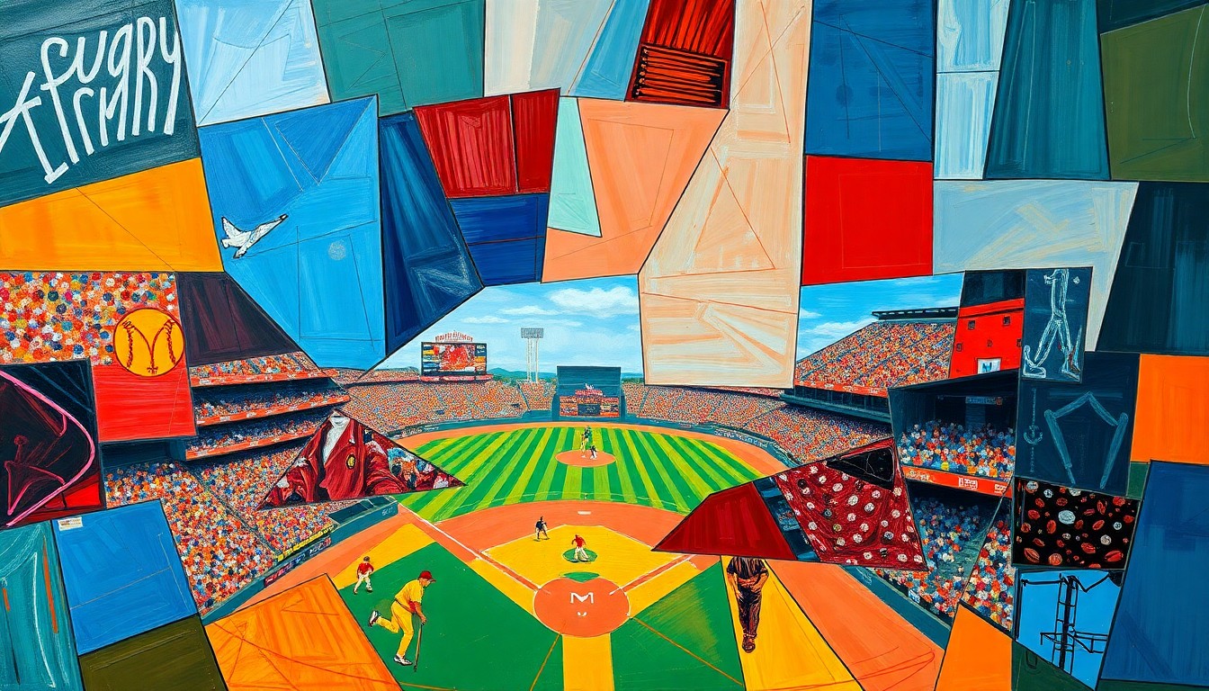 A fragmented, geometric painting in bold colors depicting the dynamic motion and energy of a baseball game, with no recognizable figures or text.
