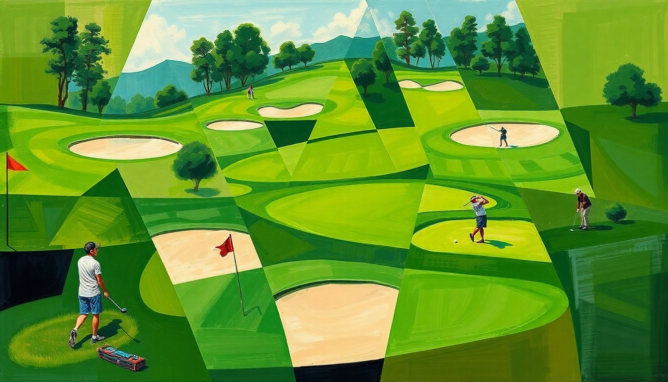 A fragmented, geometric painting depicting the dynamic action and multiple perspectives of a college golf tournament, with overlapping shapes and planes representing the fairways, sand traps, and golfers in motion.