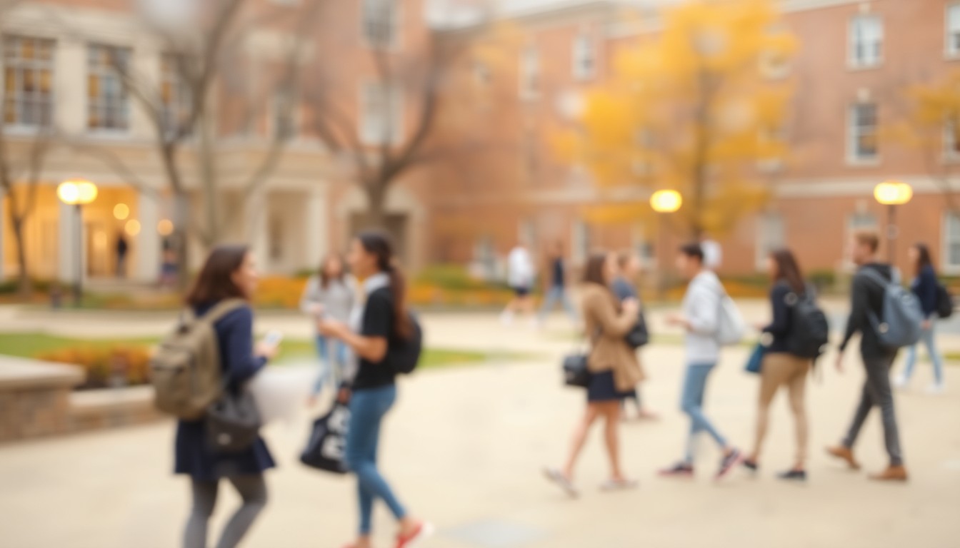 An abstract, impressionistic scene of blurred college students gathered on a campus lawn, with soft, warm light and color creating a dreamlike, atmospheric mood.