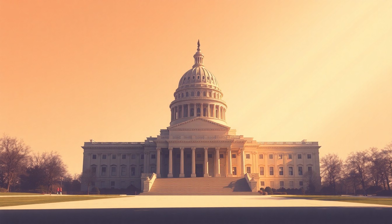 A serene, cinematic painting of a state capitol building in warm, golden light, conveying a sense of solitude and transition in the political landscape.
