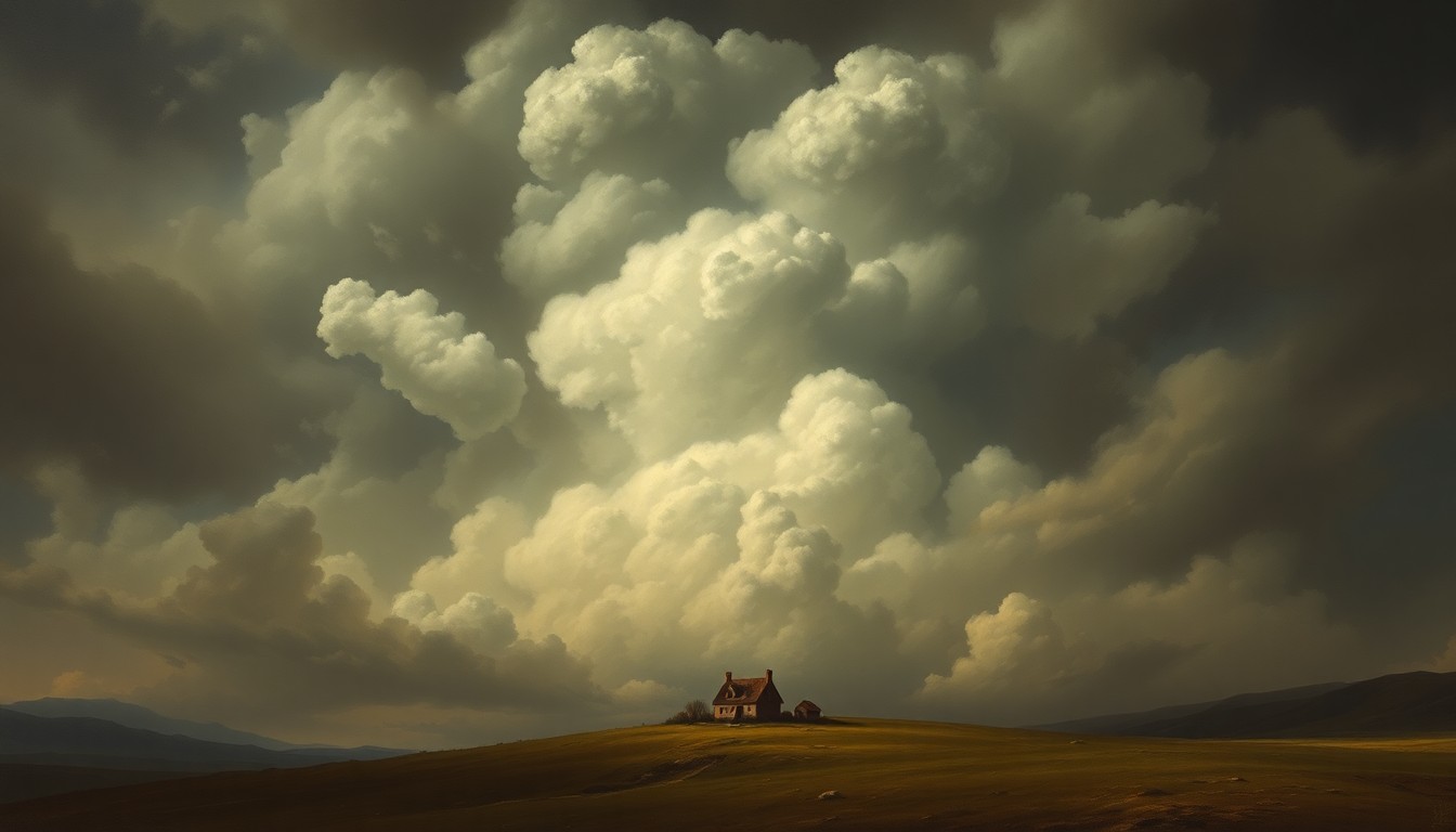 A sweeping, atmospheric landscape painting in muted tones of gray, blue, and white, depicting a massive, ominous cloud formation dominating the sky above a small, isolated house, conveying the overwhelming scale and power of the natural world.