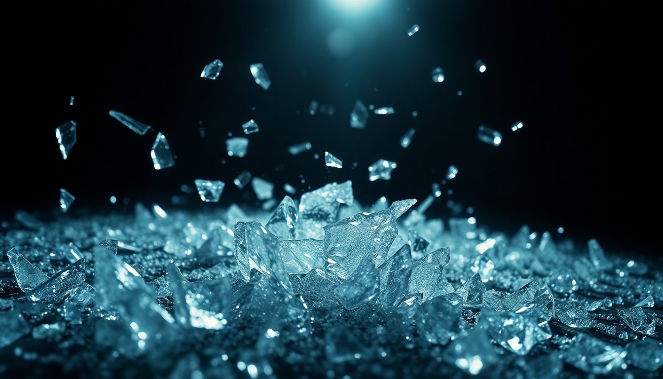 An extreme close-up photograph of shattered crystal and broken glass, reflecting a dim spotlight in a high-contrast, high-fashion style that conveys a sense of dramatic tension and emotional intensity without depicting any faces or identifiable individuals.