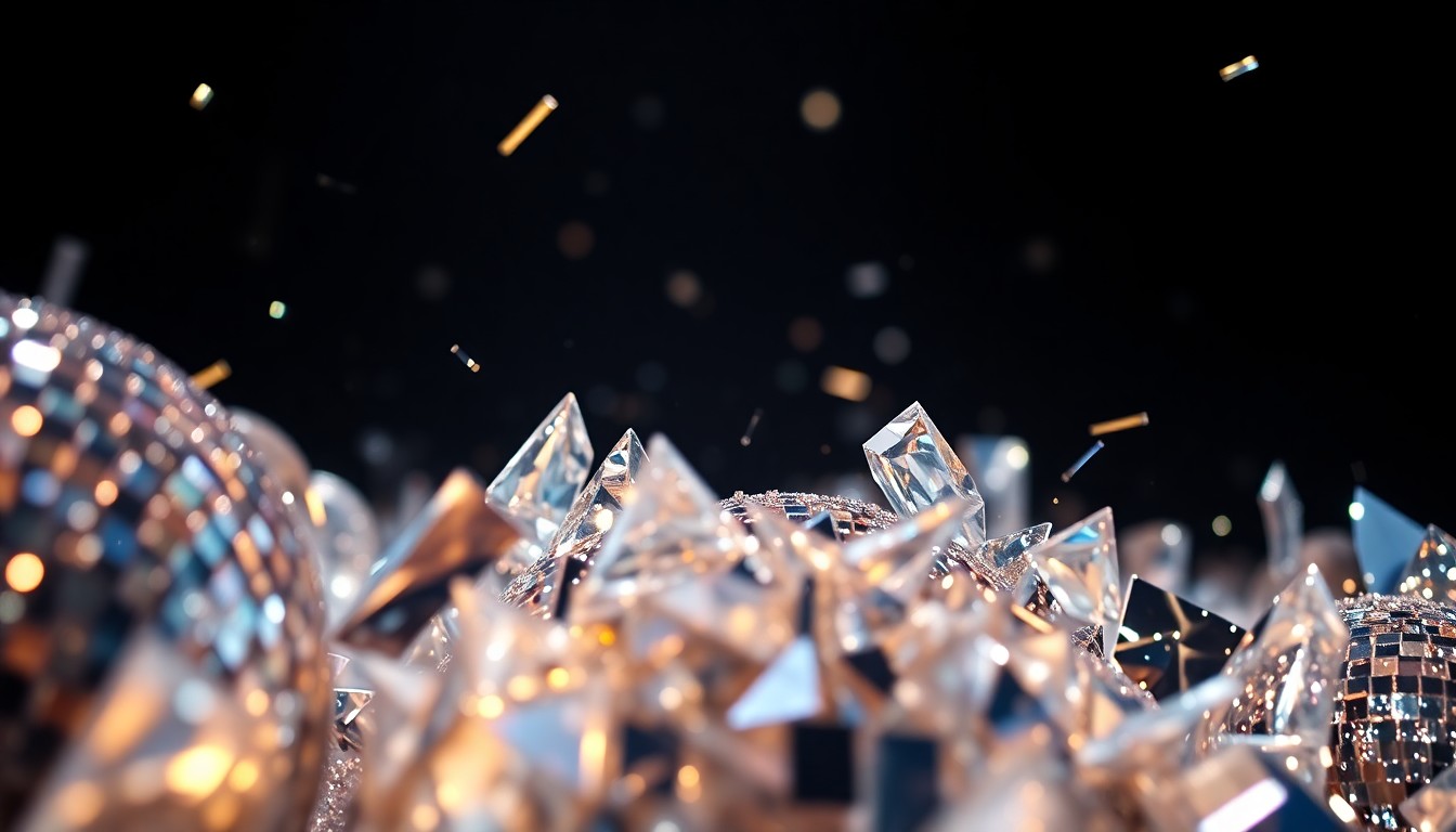 An extreme close-up photograph of shattered disco ball shards reflecting dramatic, high-contrast studio lighting, creating a glitzy, high-fashion aesthetic that evokes the glamour and energy of celebrity party culture.