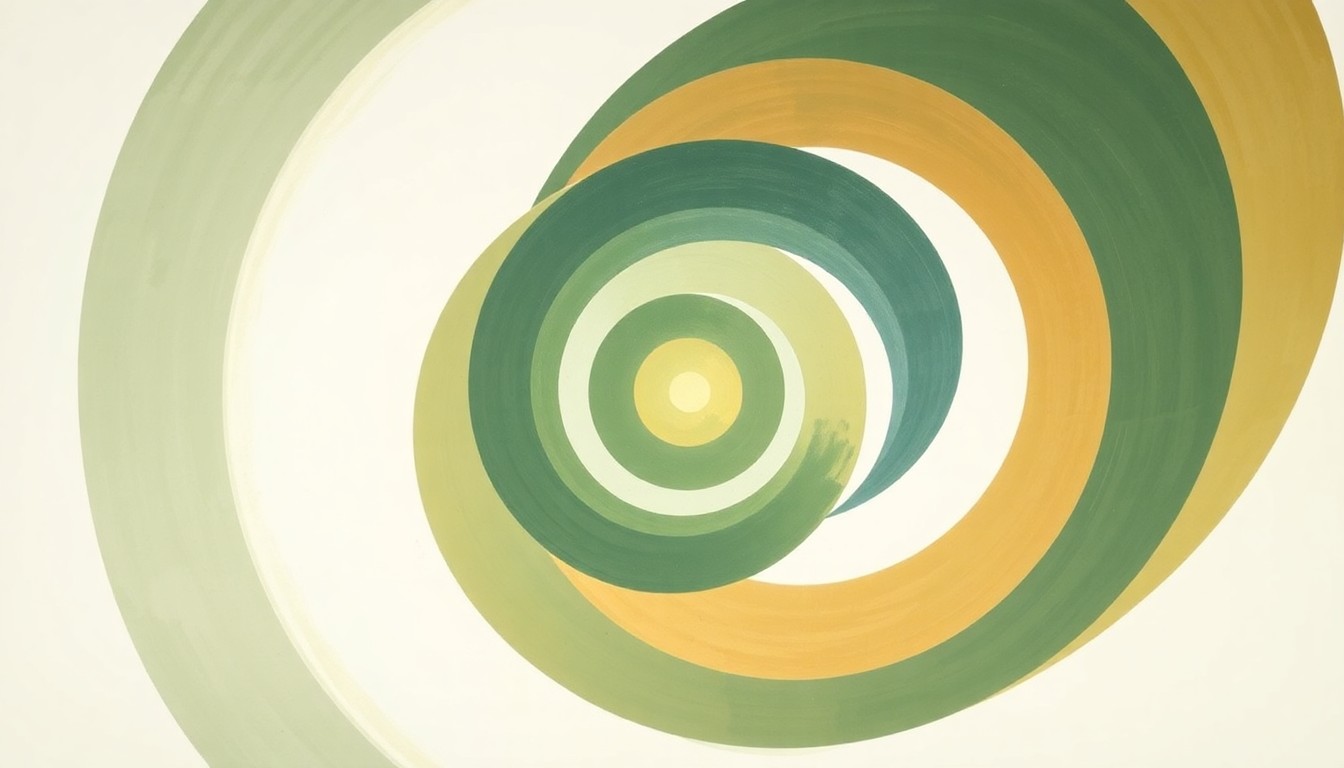 A bold, abstract painting in soft earth tones depicts sweeping geometric arcs, concentric circular forms, and precise botanical spirals, visually representing the structural order and natural forces at work in an ultrasound-powered system for generating light deep within the body.