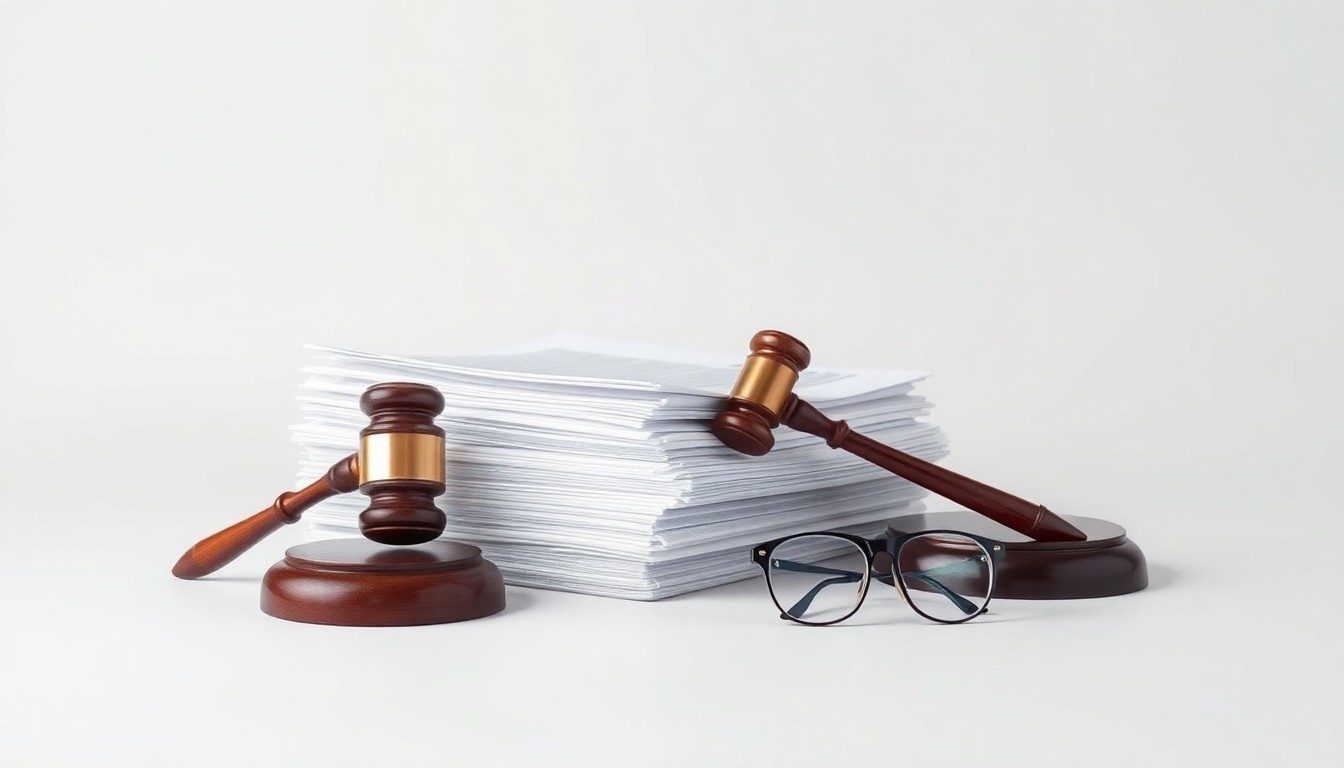 A high-end, photorealistic studio still-life photograph featuring a stack of legal documents, a gavel, and a pair of reading glasses arranged on a clean, monochromatic background, conceptually representing the abstract themes of corporate strategy, finance, and legal proceedings.