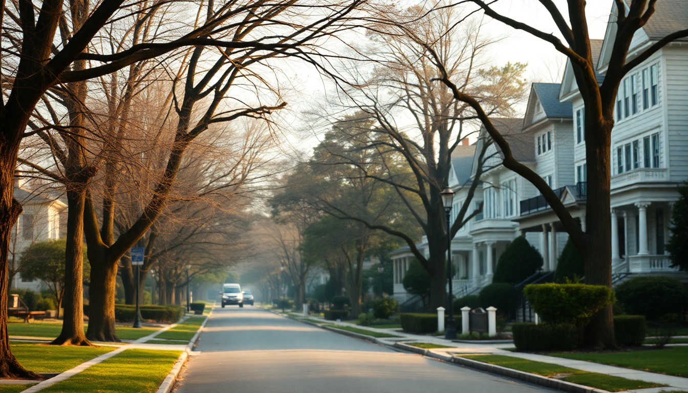 An abstract, out-of-focus photograph in soft, warm tones depicting a residential street lined with trees and Victorian-style homes, conceptually representing the transformation of Garden City from a middle-class planned community to an affluent suburb.