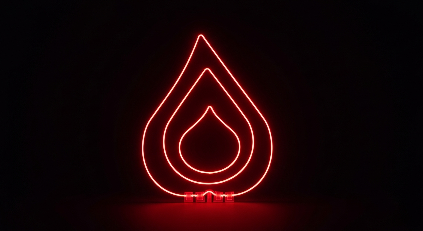 A glowing neon outline of a blood drop or blood donation bag, floating against a dark background, conveying the energy and importance of a community blood drive.