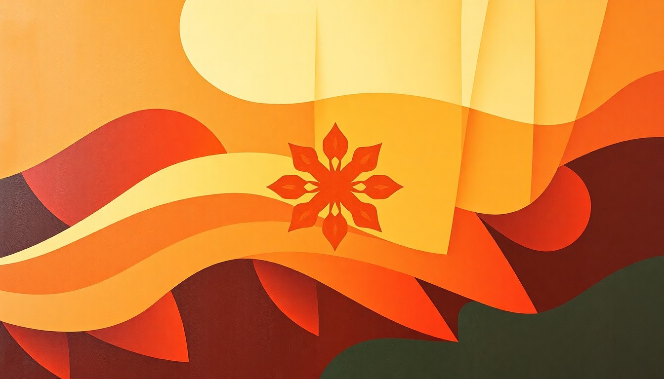 A heavily textured, fragmented painting in shades of brown, orange, and red, depicting an abstract, non-representational political symbol or object related to the Islamization of a community, conveying a sense of rapid, disruptive change.
