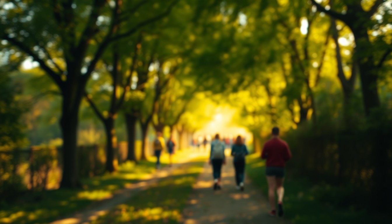 An abstract, impressionistic photograph of people walking on a path through a wooded area, with soft, blurred shapes and pools of warm, golden light creating a serene, atmospheric scene.