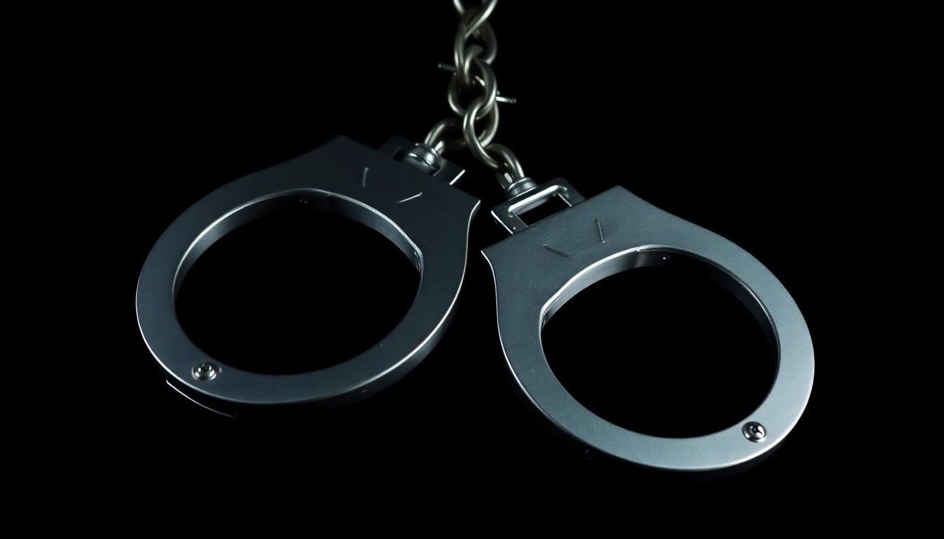 An extreme close-up photograph of a pair of handcuffs against a pitch-black background, capturing the stark, clinical nature of law enforcement equipment used to restrain criminals.