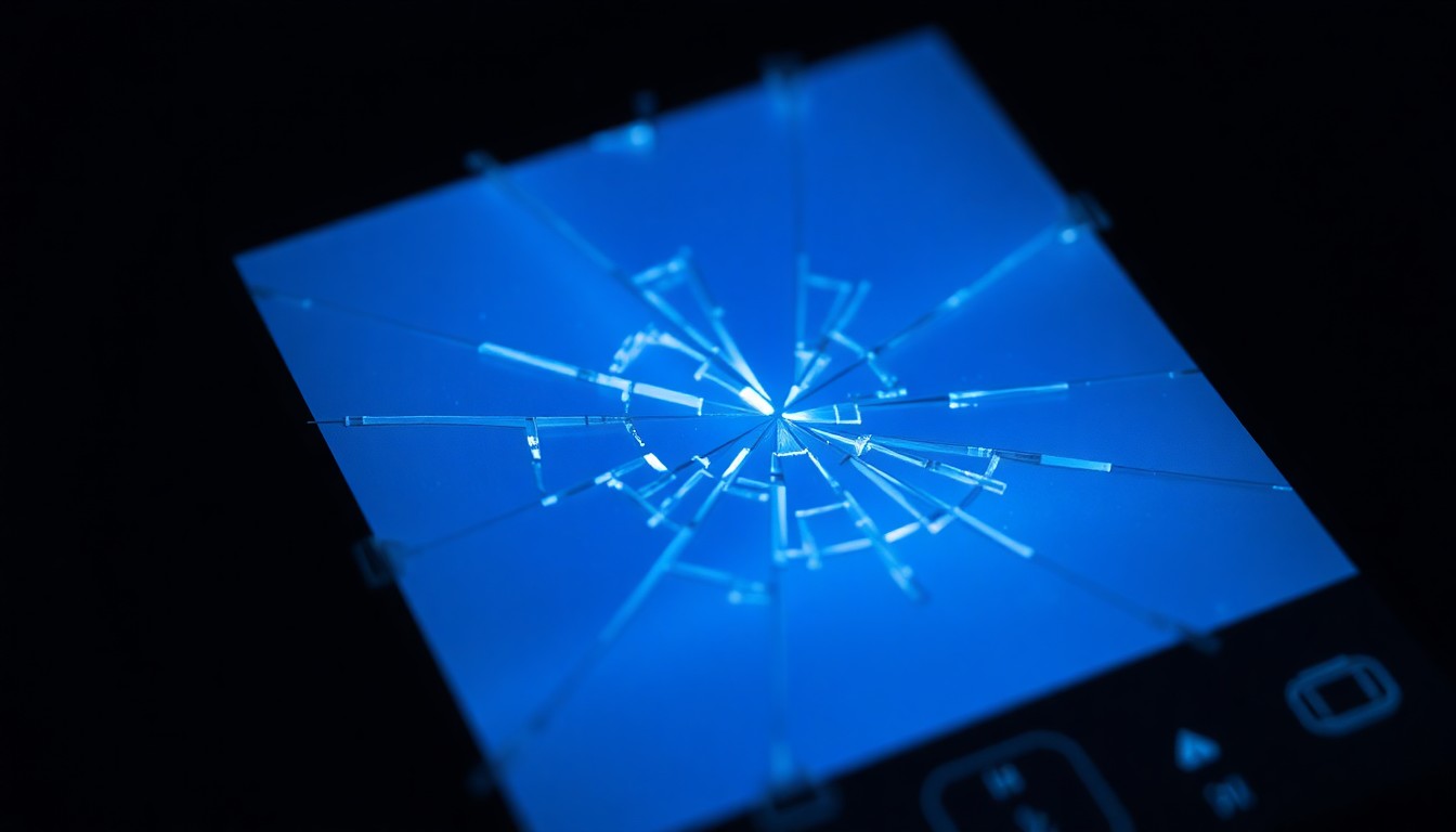 An extreme close-up photograph of a broken smartphone screen, the shattered glass reflecting a faint blue light, conceptually representing the digital evidence of child exploitation.