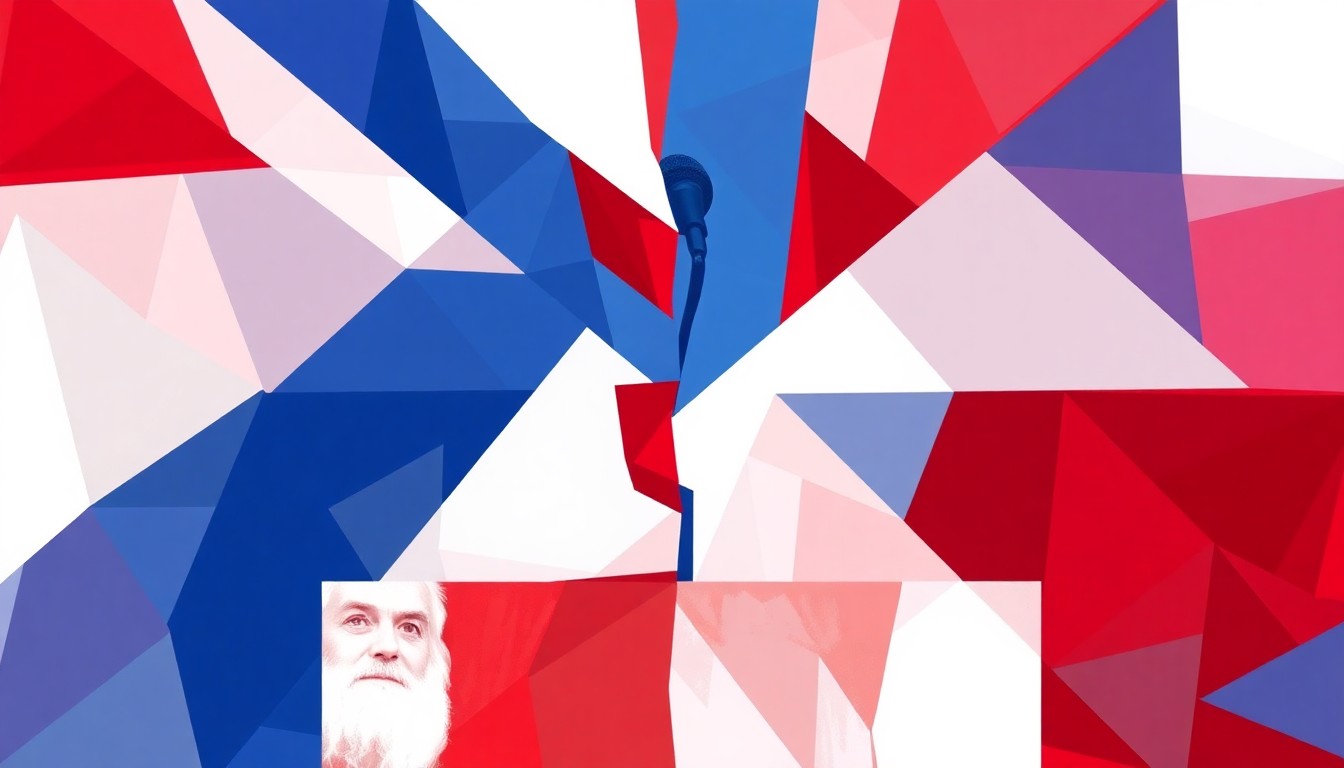 A vibrant, abstract painting featuring overlapping, fractured shapes and lines in shades of red, white, and blue, conveying a sense of political tension and conflict without depicting any specific individuals or objects.