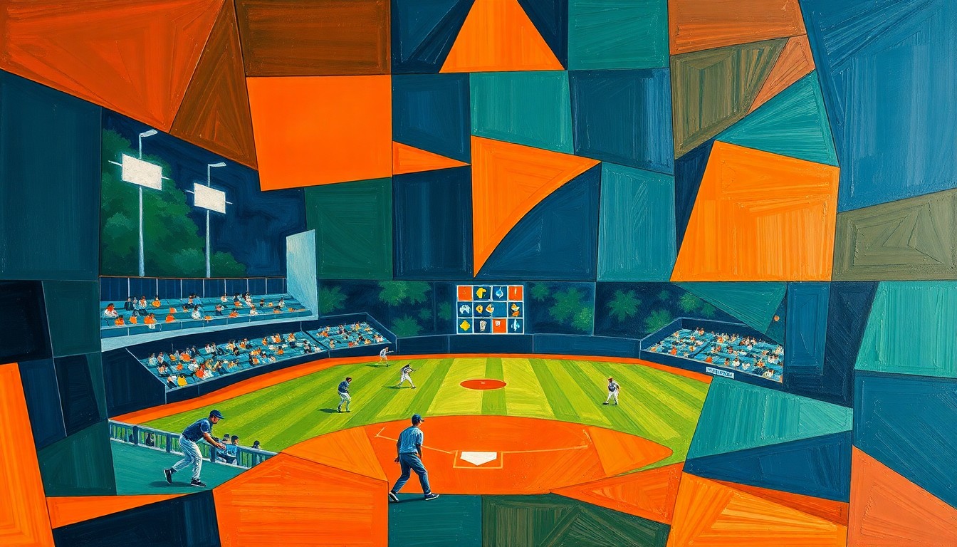 A fragmented, cubist-style painting depicting a high school baseball game, with the players and field broken down into sharp, overlapping geometric shapes in a palette of navy, green, and orange, conveying the dynamic nature of the sport as a longtime coach prepares to step down.