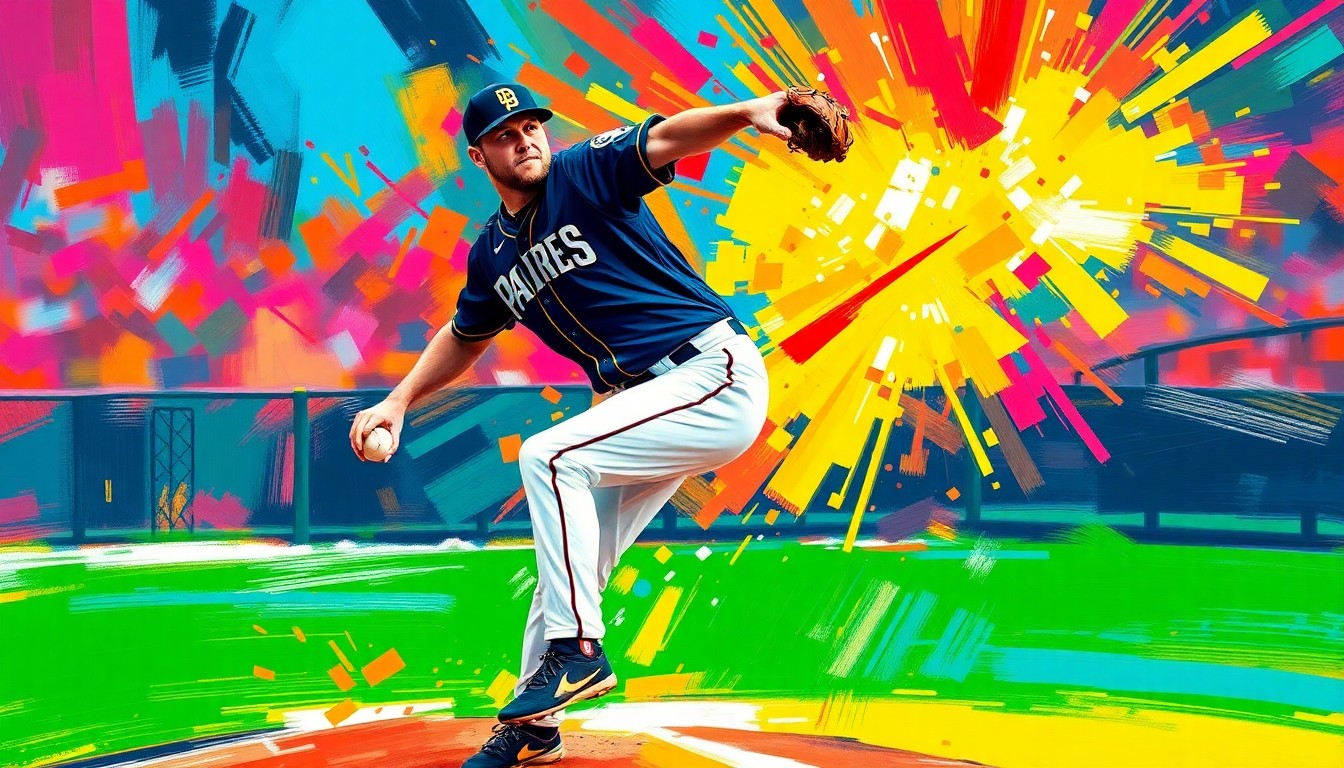 An abstract, energetic painting in neon colors and bold brushstrokes, capturing the intense motion and power of a baseball pitcher in the midst of a dominant performance.