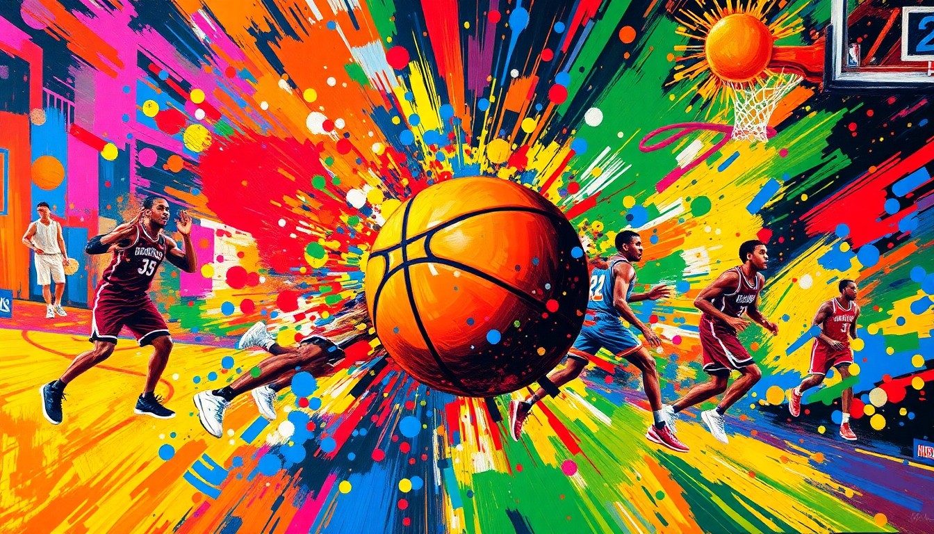 An abstract expressionist painting in vibrant neon colors, with rapid brushstrokes and splatters that suggest the intense action and energy of an NBA basketball game.