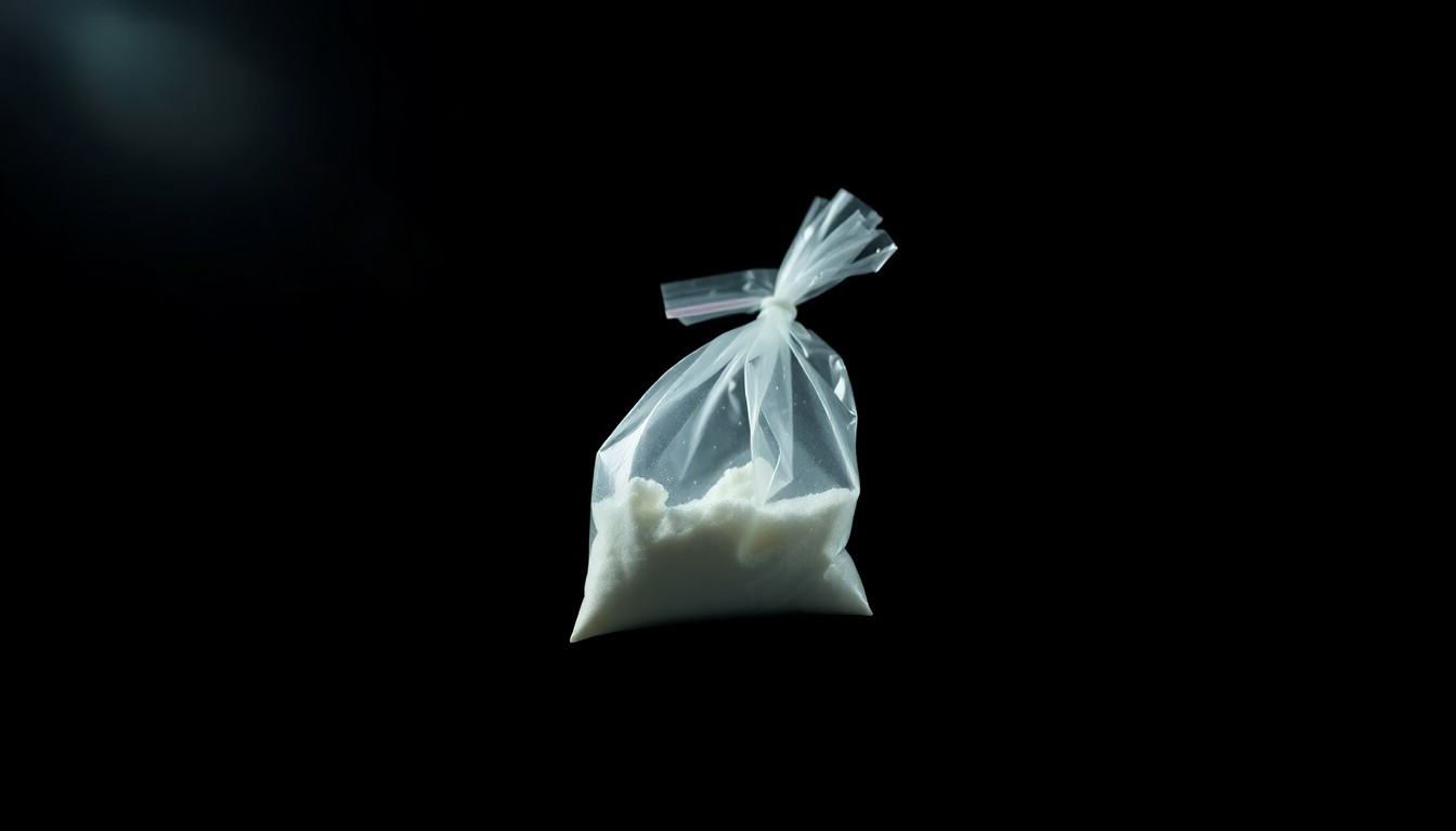 An extreme close-up photograph of a small plastic bag containing a white powdery substance, dramatically lit by a harsh flash against a pitch-black background, conceptually representing the seized drugs from the law enforcement operation.