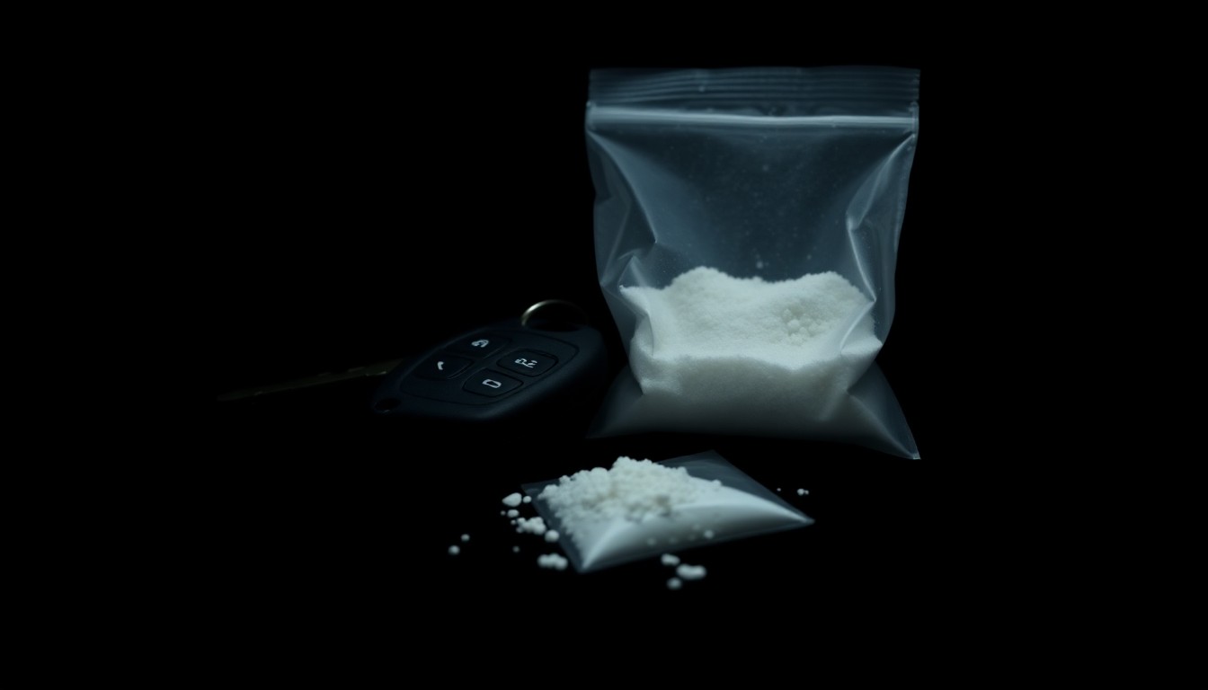An extreme close-up photograph of a set of car keys and a small plastic bag containing white powder, creating a stark, gritty, investigative aesthetic through the use of harsh direct flash lighting against a black background.
