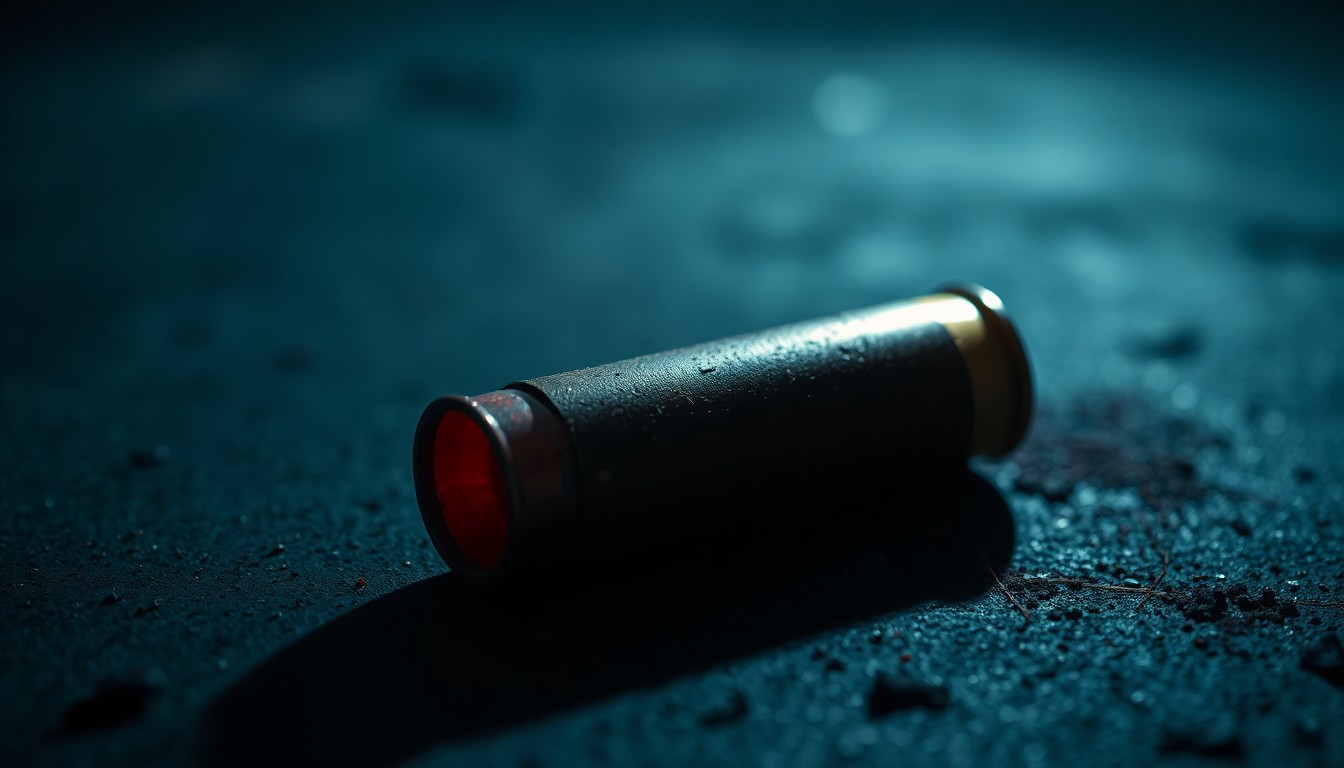 An extreme close-up photograph of a spent shell casing on a dark surface, lit by a harsh, direct camera flash, creating a stark, gritty image that conceptually represents the aftermath of a violent crime.