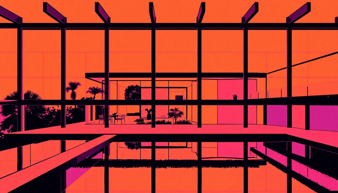 A high-contrast, brightly colored silkscreen print featuring a repeated modernist architectural element from the home, such as the negative-edge pool or exposed steel beams, conceptually representing the property's blend of luxury and design.