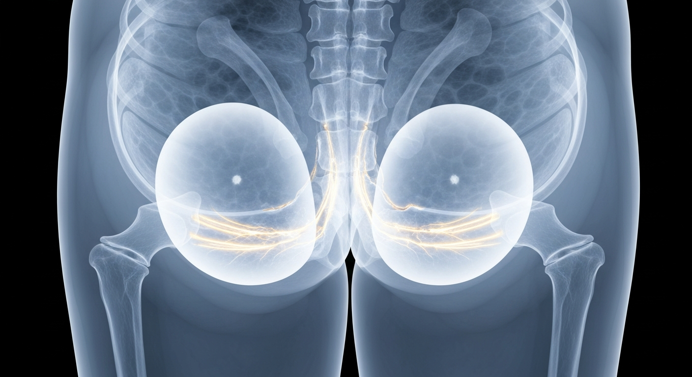 A ghostly, translucent X-ray photograph revealing the internal structures of a human buttocks, with glowing lines tracing the silicone implants and damaged tissue, conceptually illustrating the medical complications from illegal cosmetic injections.