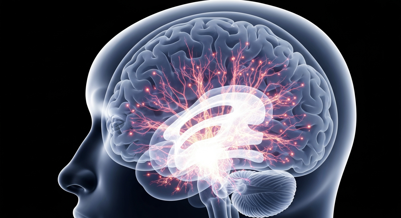 A translucent, ghostly X-ray image revealing the internal structures of a human brain, with glowing neural pathways and intricate details, conceptually representing the internal transformations that occur during alcohol addiction recovery.