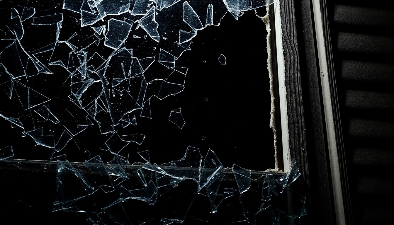 An extreme close-up photograph of shattered glass and damaged home siding, creating a stark, gritty, investigative aesthetic that conceptually illustrates the human impact of a homicide investigation in a small town.