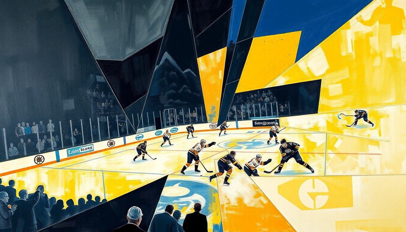 A cubist, geometric painting depicting a hockey game, with players and the puck fragmented into sharp, overlapping shapes and planes in a variety of colors, conceptually representing the clash of styles between the experienced Bruins and the upstart Sabres.
