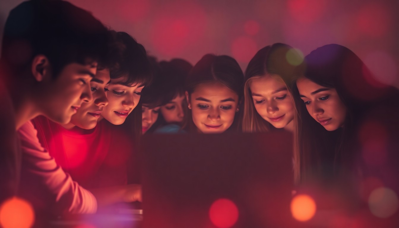 An abstract, impressionistic photograph showing the blurred silhouettes of several teenagers gathered around a laptop, their faces obscured in a hazy, colorful wash of light, conveying a sense of collaborative creativity and community engagement.