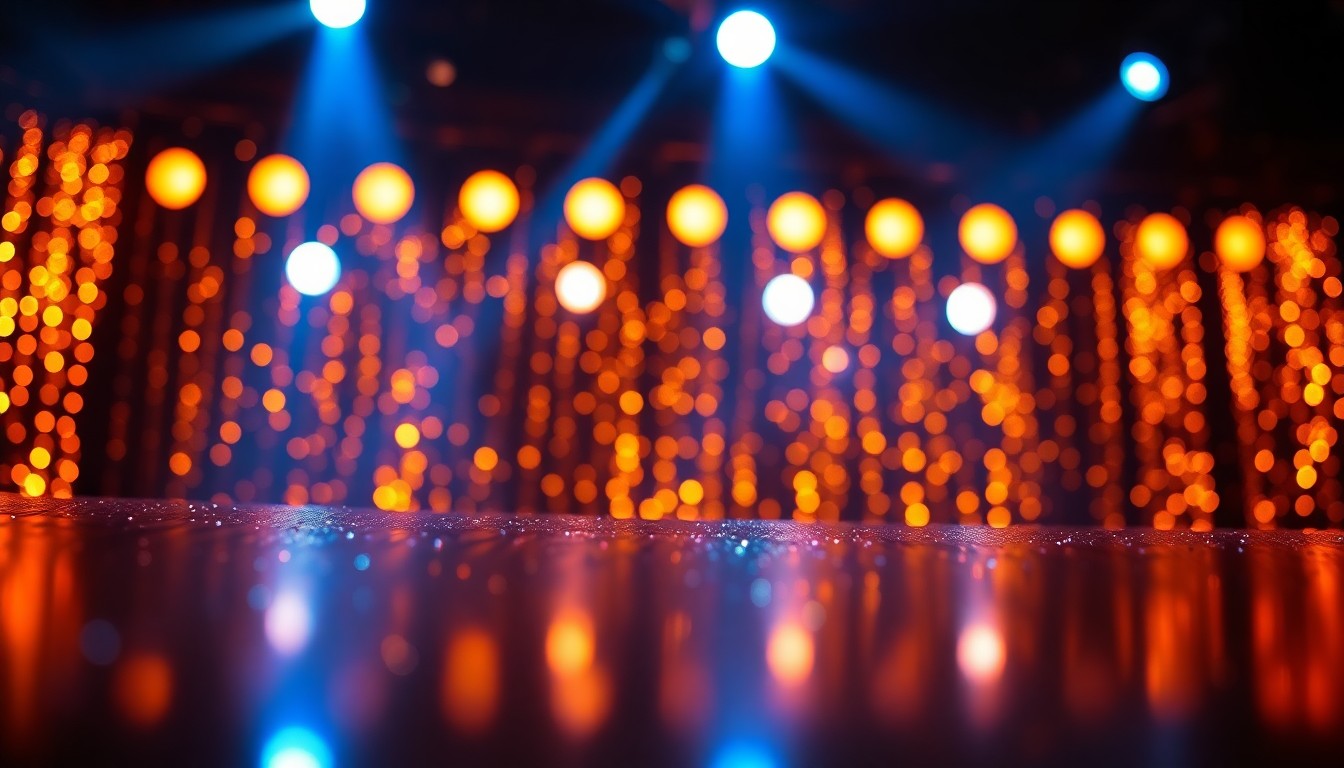 An abstract close-up photograph of sparkling stage lights reflecting off a metallic surface, conveying the glamour and excitement of a live country music performance.