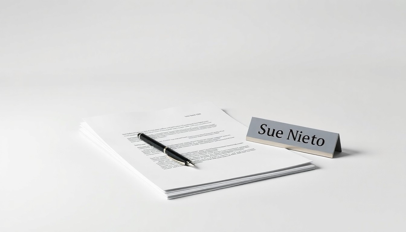 A minimalist, photorealistic studio still life featuring a stack of legal documents, a pen, and a nameplate with the name 'Sue Nieto', symbolizing the transition of a top M&A lawyer to a new firm.