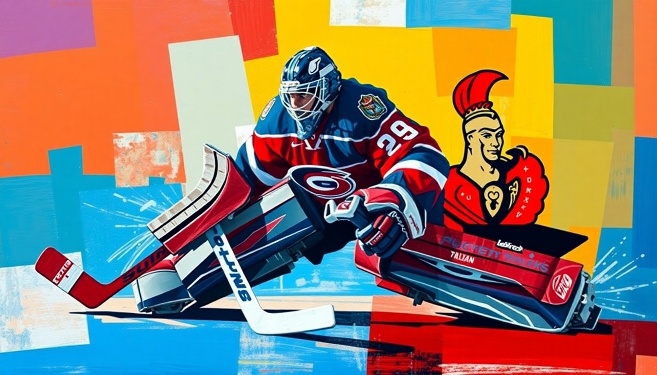 A cubist, geometric painting depicting the dynamic movements of a hockey goaltender, with sharp, overlapping planes of bright blue, red, and white colors representing the Hurricanes and Senators teams.